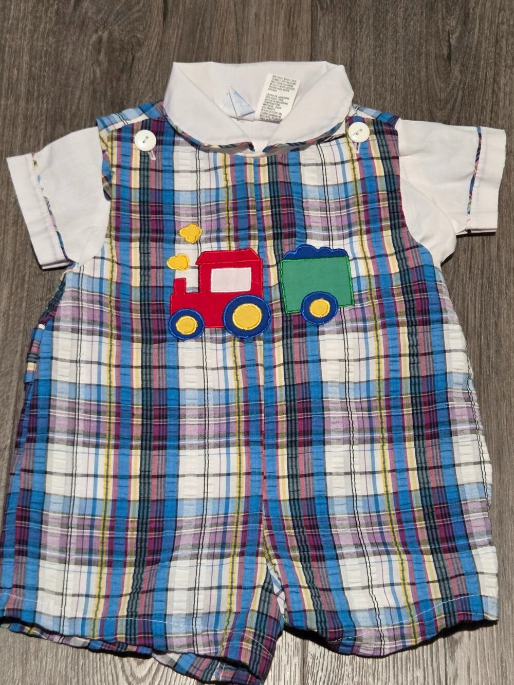 Vintage Y2K Little Miracles Plaid Train Romper With Matching Shirt Size 6/9M